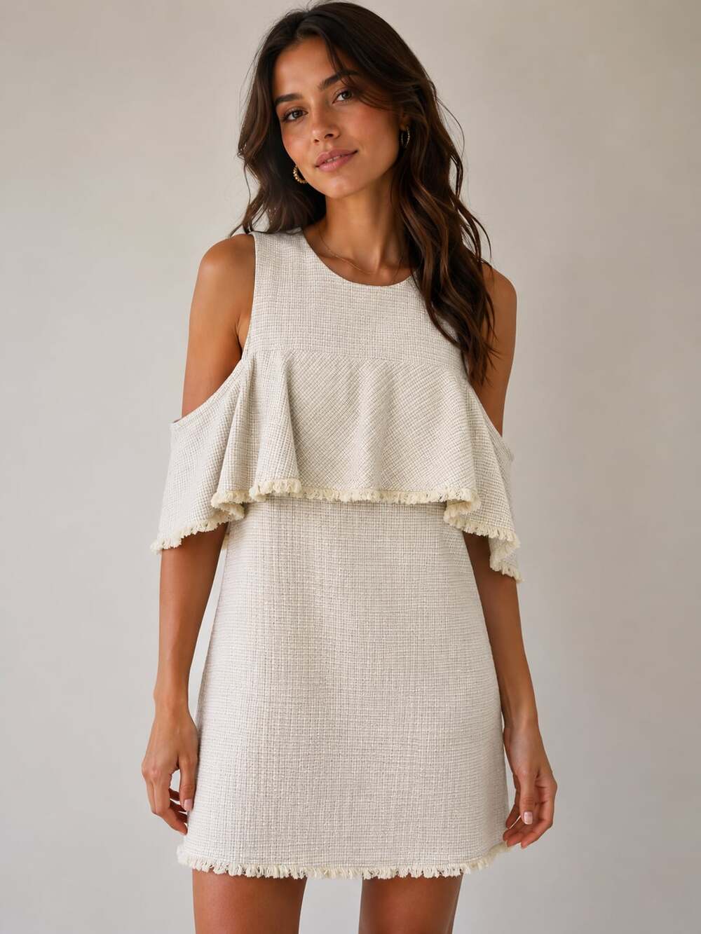 HD in Paris Tweed Open-Shoulder‎ Ruffle Dress
